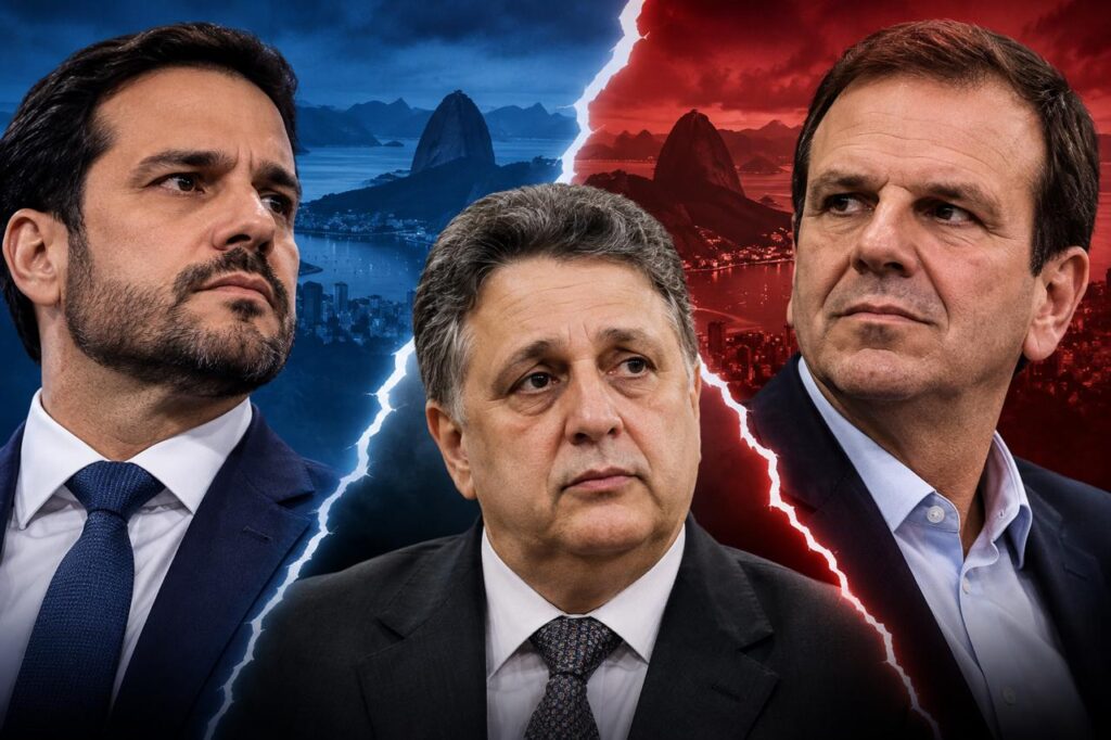 Douglas Ruas de um lado, Eduardo Paes de outro e no centro divididos por raios, Anthony Garotinho