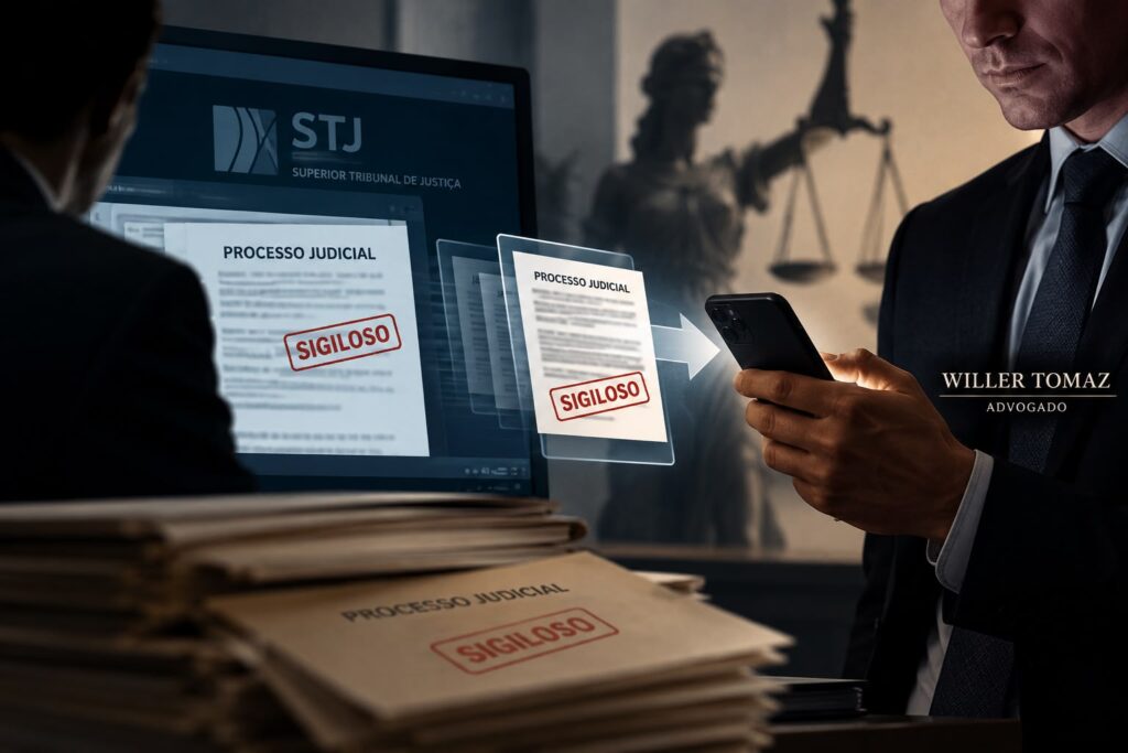imagem montada de processos judiciais sigilosos sendo fotografado por alguém com celular