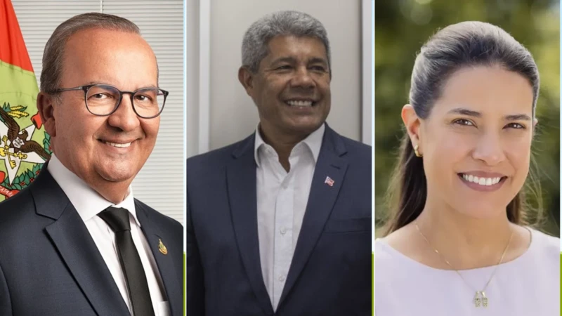 Governadores eleitos em 1º turno: Jorginho Mello (SC); Jerônimo Rodrigues (BA); e Raquel Lyra (PE)