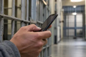 mãos seguram celular através das grade de um presídio
